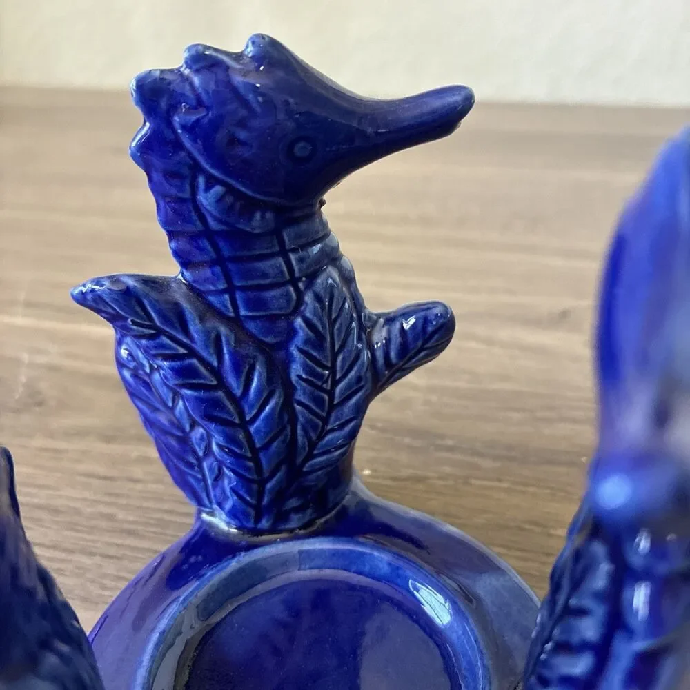VTG Cobalt Blue Glazed Ceramic Tea/ Votive Candle Holder, 3 Seahorses, Coastal